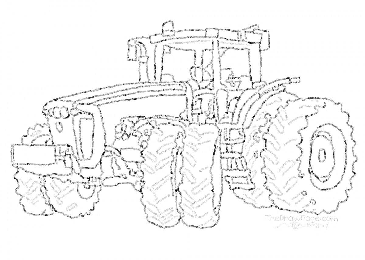 Раскраска Трактор Кировец с кабиной, большими колесами и мощным корпусом