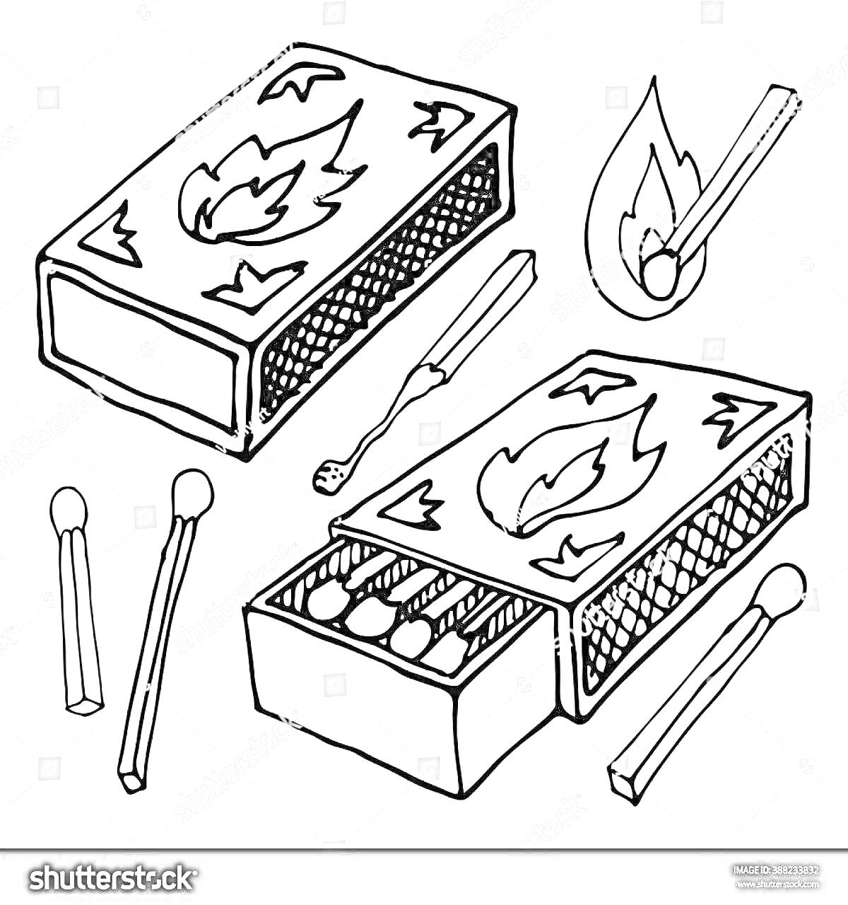 Раскраска Коробок спичек с изображением огня, спички внутри коробка и отдельно, горящая спичка