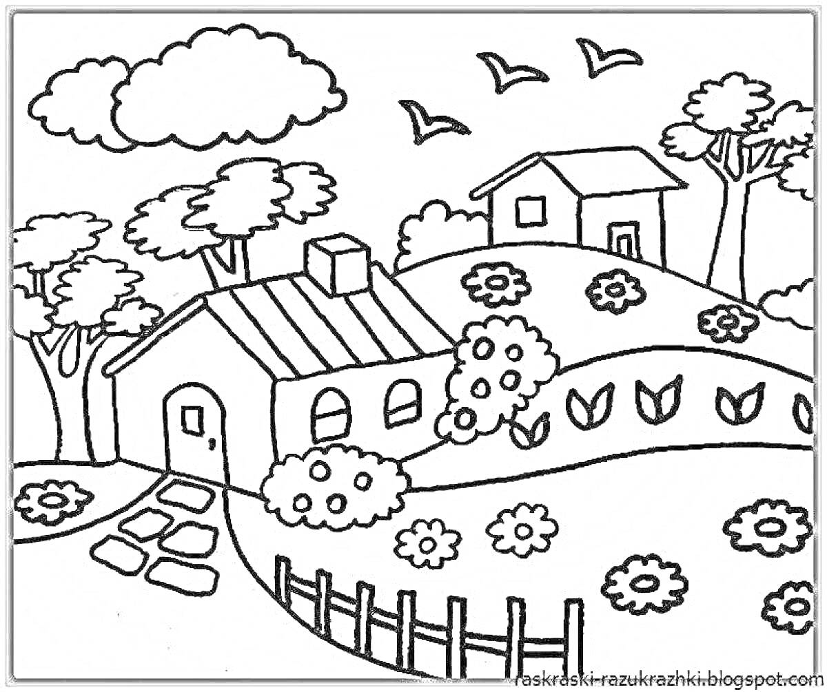 Раскраска Домик в деревне с деревьями, цветами, кустами, оградой и птицами