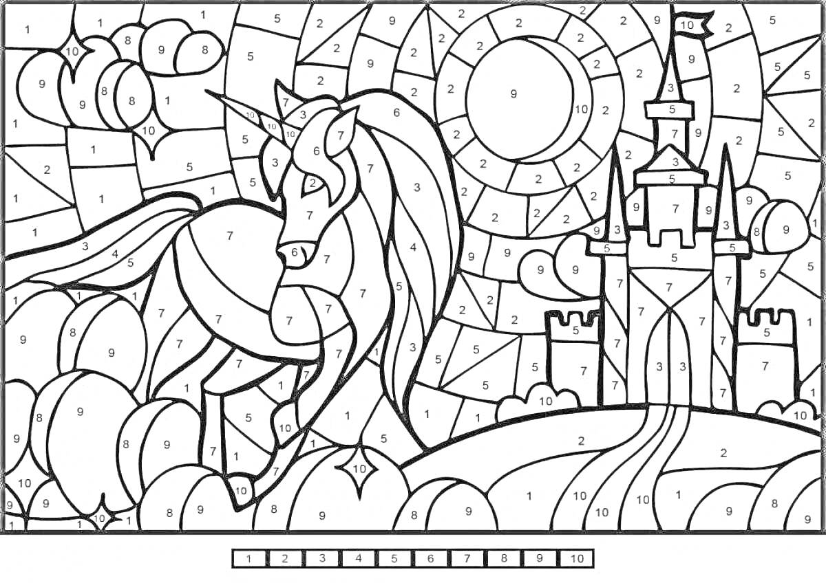 Раскраска Единорог у замка на холме, окруженный деревьями и горами