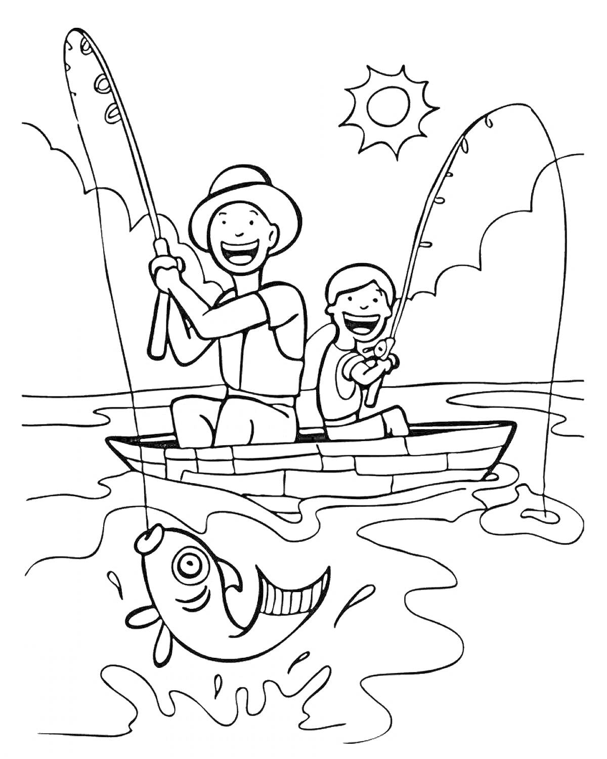 На раскраске изображено: Рыбалка, Лодка, Рыба, Удочка, Солнце, Вода, Счастье, Природа, Лето, Мальчик