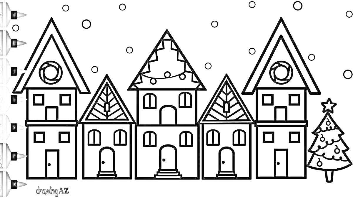 Раскраска Домики с треугольными крышами и ёлка на фоне снега
