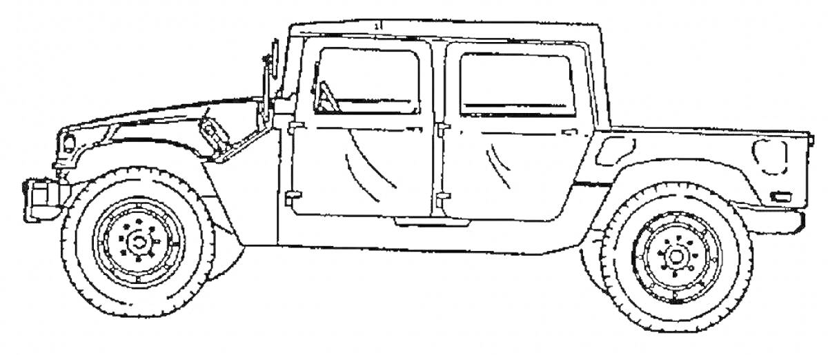 На раскраске изображено: Военный джип, Автотранспорт, Армейская техника, Колёса, Окна