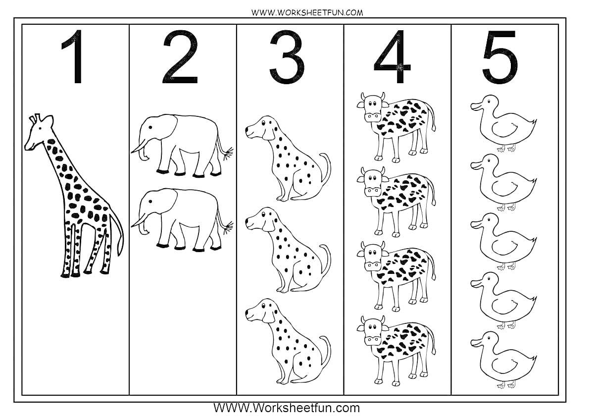 Раскраска Цифры от 1 до 5 с животными - жираф, слоны, собаки, коровы, утки