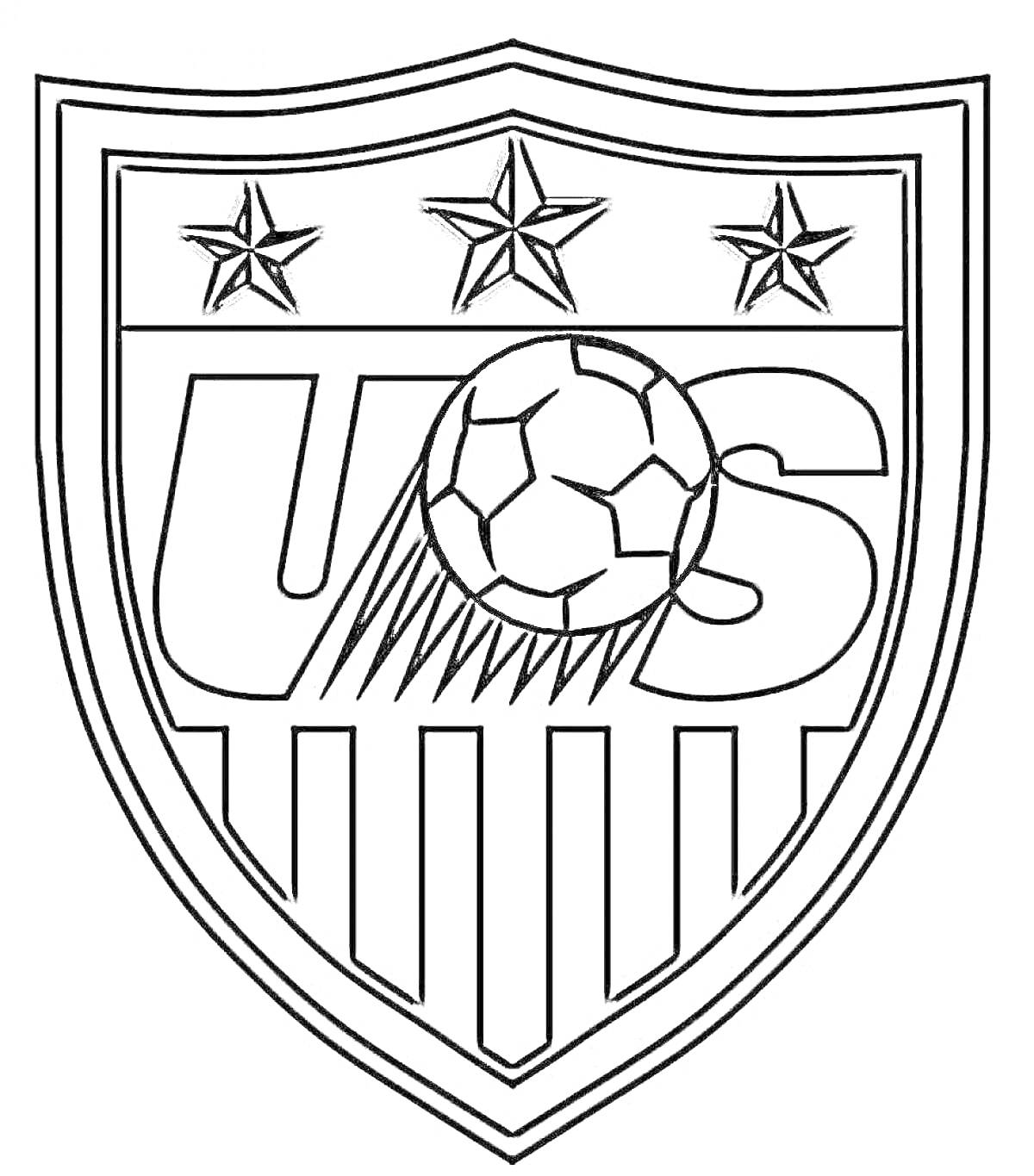 На раскраске изображено: Футбольная команда, Три звезды, Футбольный мяч, Вертикальные полосы