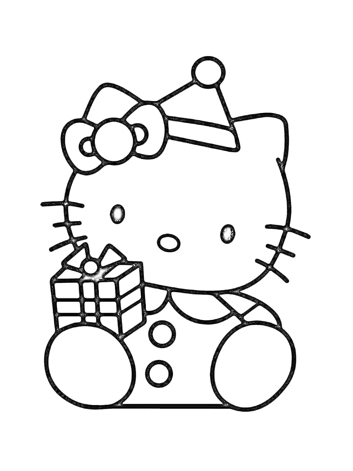 Раскраска Hello Kitty в шапке с бантиком, держащая подарок