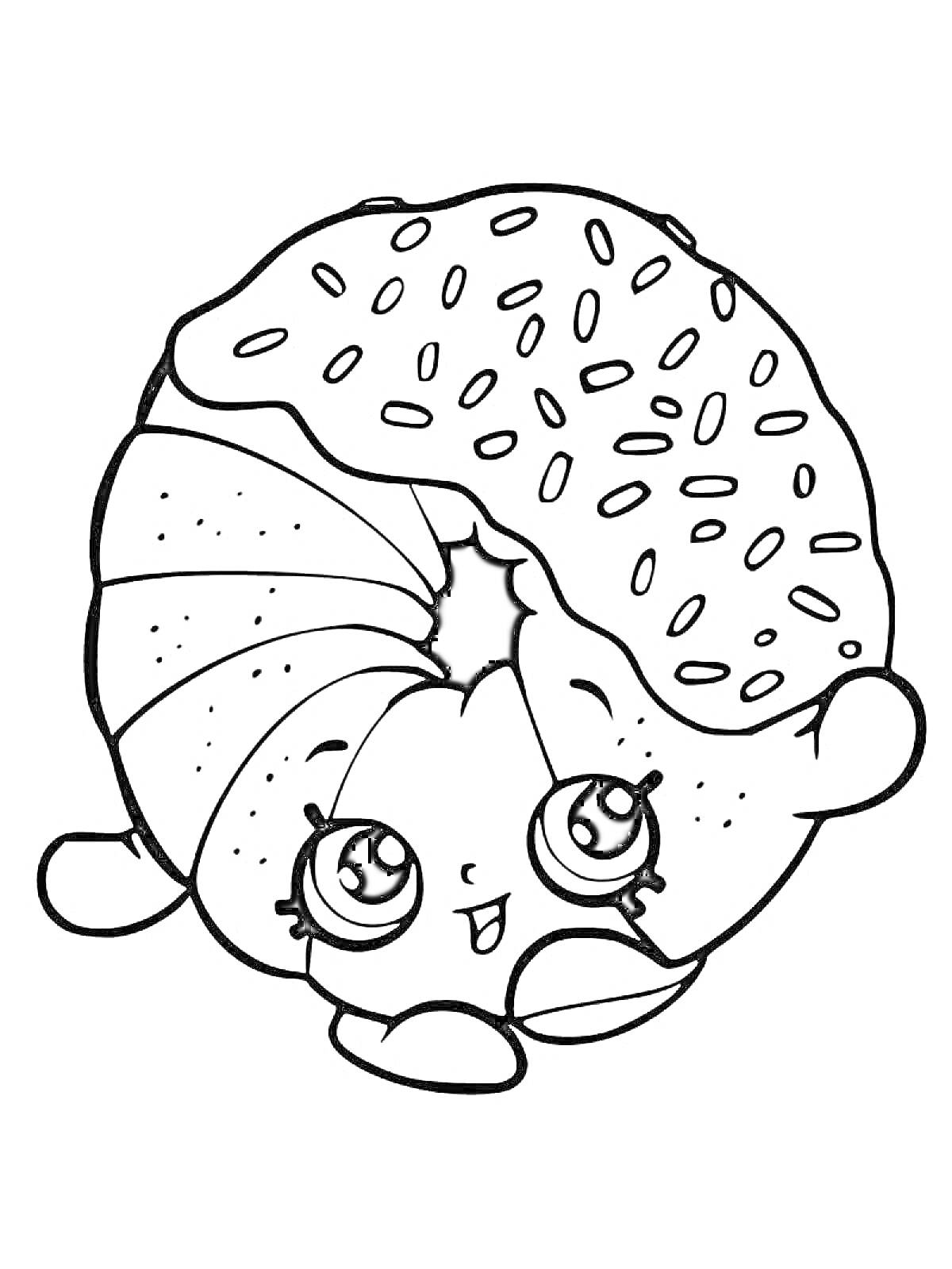 Раскраска пончик с кремом и милым лицом