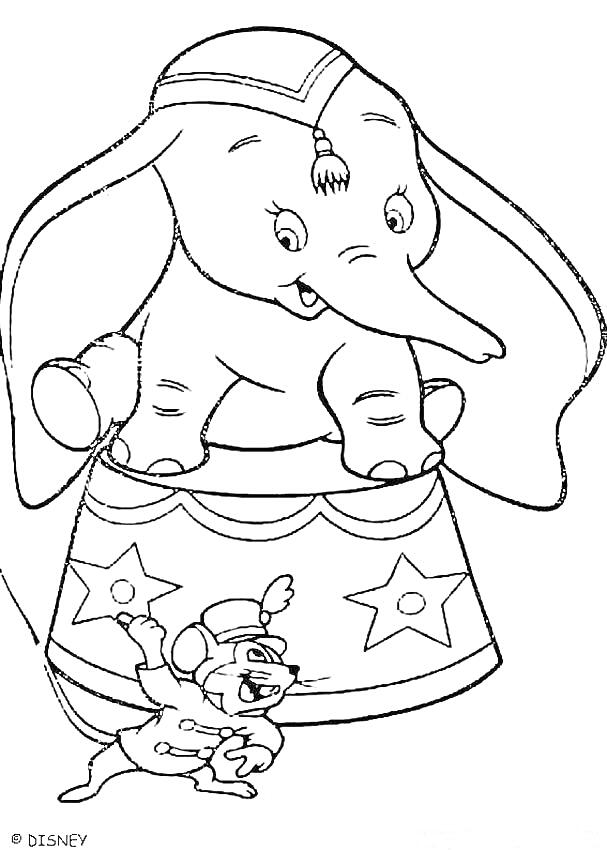 Раскраска Дамбо на барабане с Крысой Тимоти в цирковом колпаке