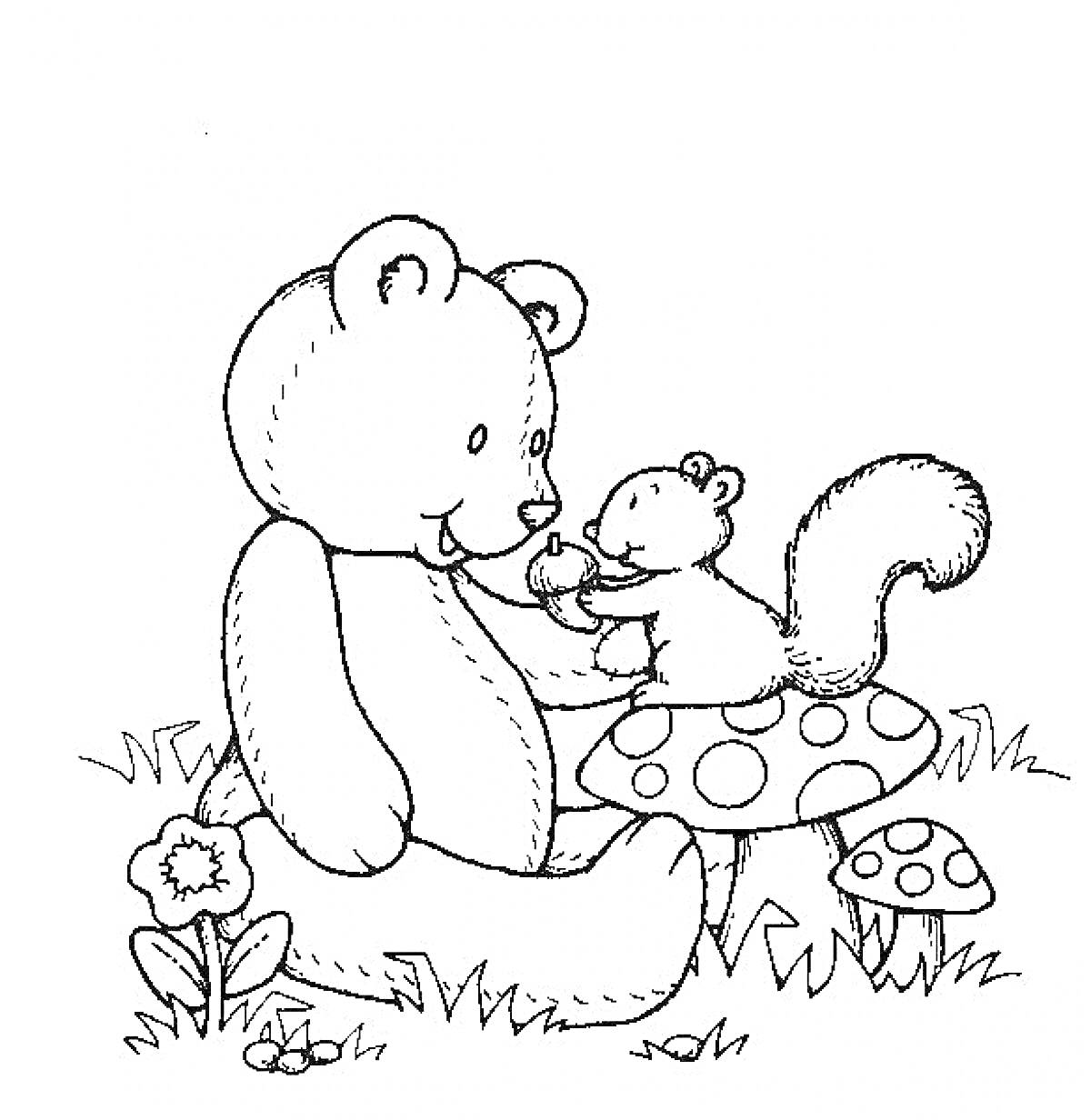 Раскраска Мишка Тедди с белкой в лесу на пеньке