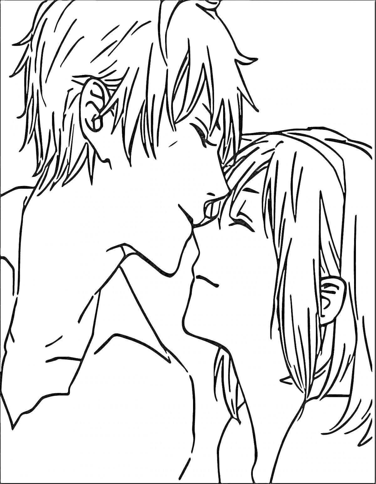 Раскраска Два человека, мальчик и девочка, нежно целуются, ласковое прикосновение носом