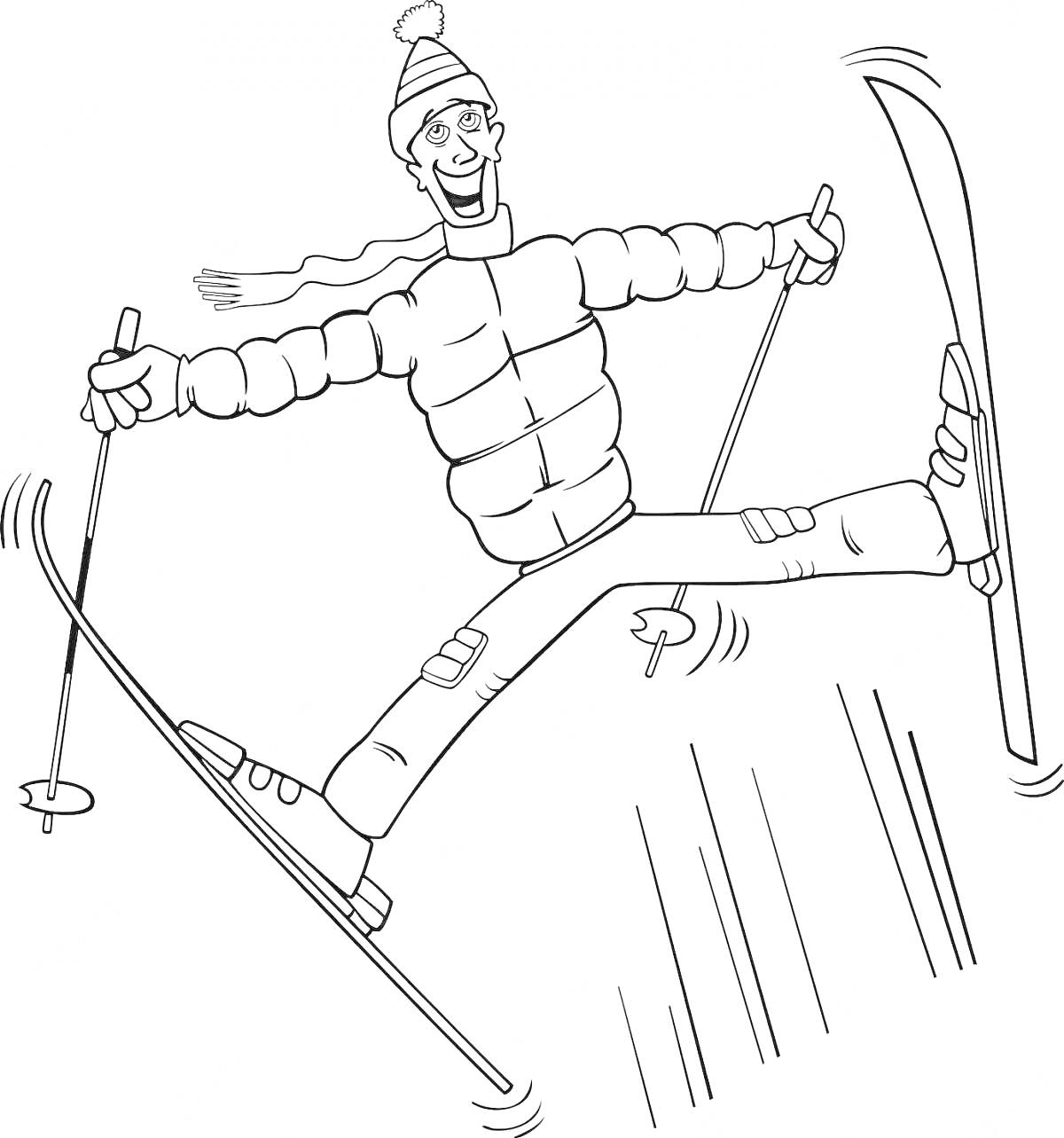 На раскраске изображено: Горные лыжи, Лыжник, Зима, Куртка, Шапка, Лыжные палки, Лыжи, Радость, Склон