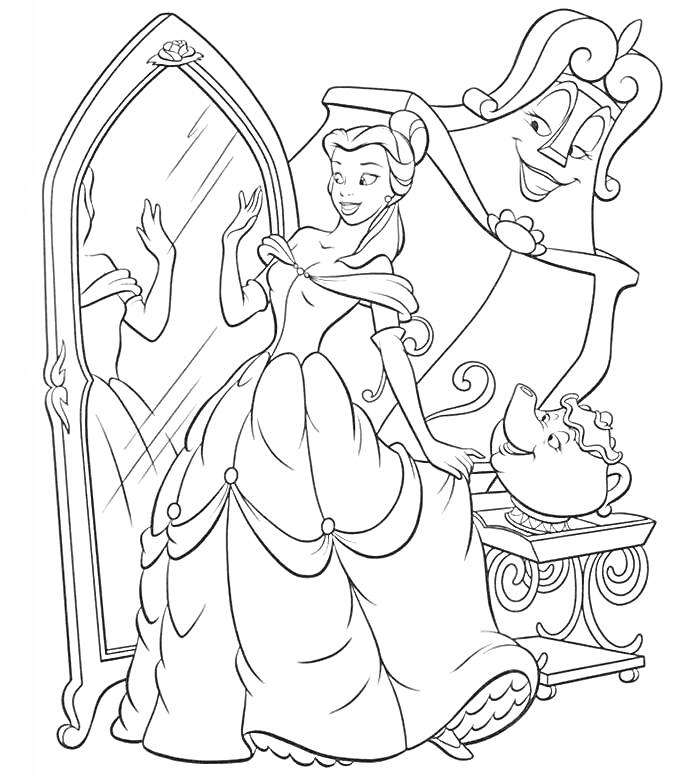 Принцесса в бальном платье перед зеркалом с антропоморфными чайником и канделябром
