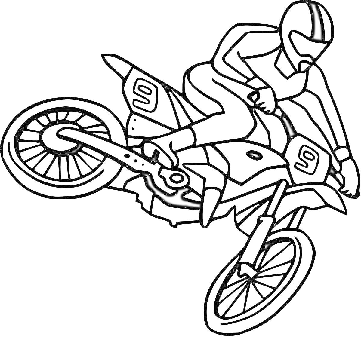 Раскраска Мотокросс-гонщик на мотоцикле с номером 9 в прыжке