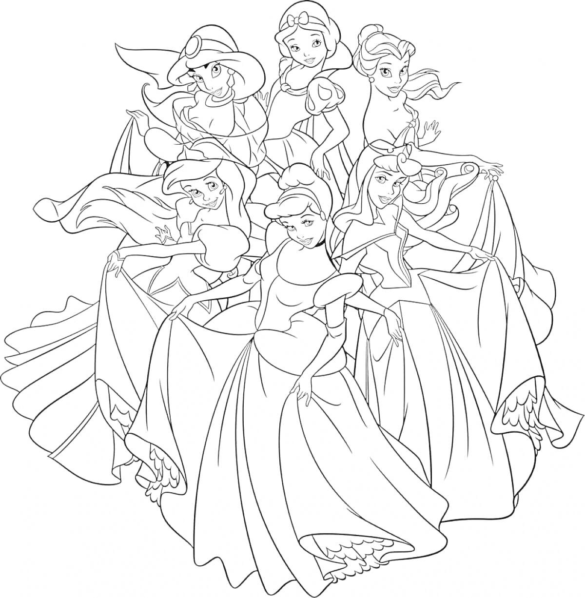 На раскраске изображено: Дисней, Длинные платья, Сказочные персонажи, Принцесса
