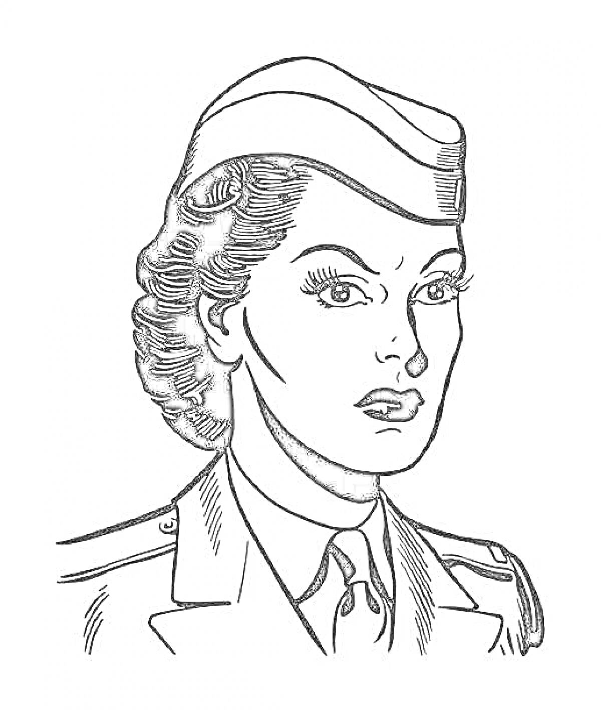 Раскраска Женщина в военной форме с пилоткой и погонами