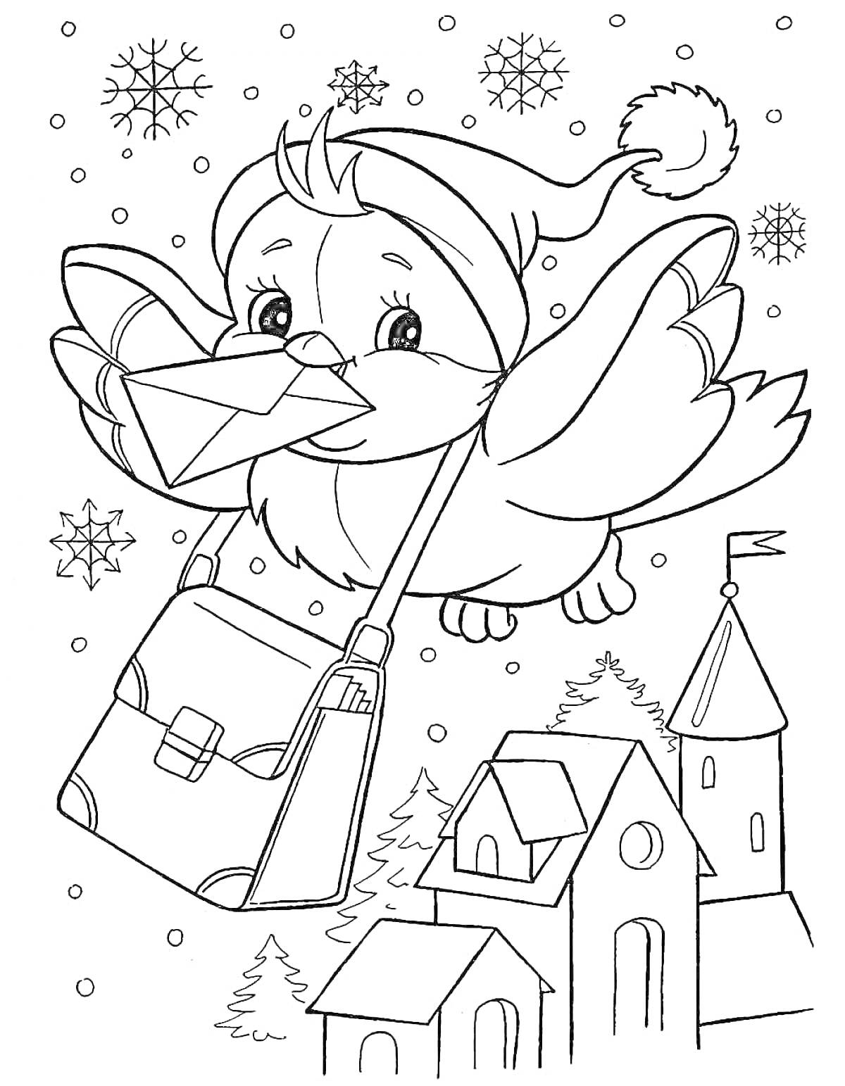 Раскраска Птица-почтальон в зимней шапке с письмом и сумкой, летящая над домами и деревьями с падающими снежинками