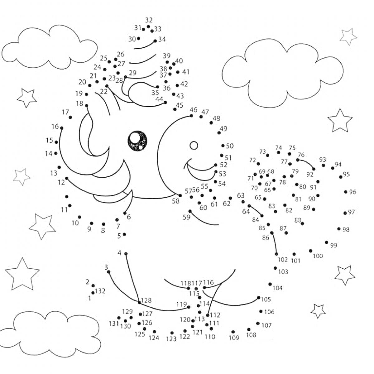 На раскраске изображено: Облака, Звезды, По точкам, Дошкольники, 6 лет, 7 лет