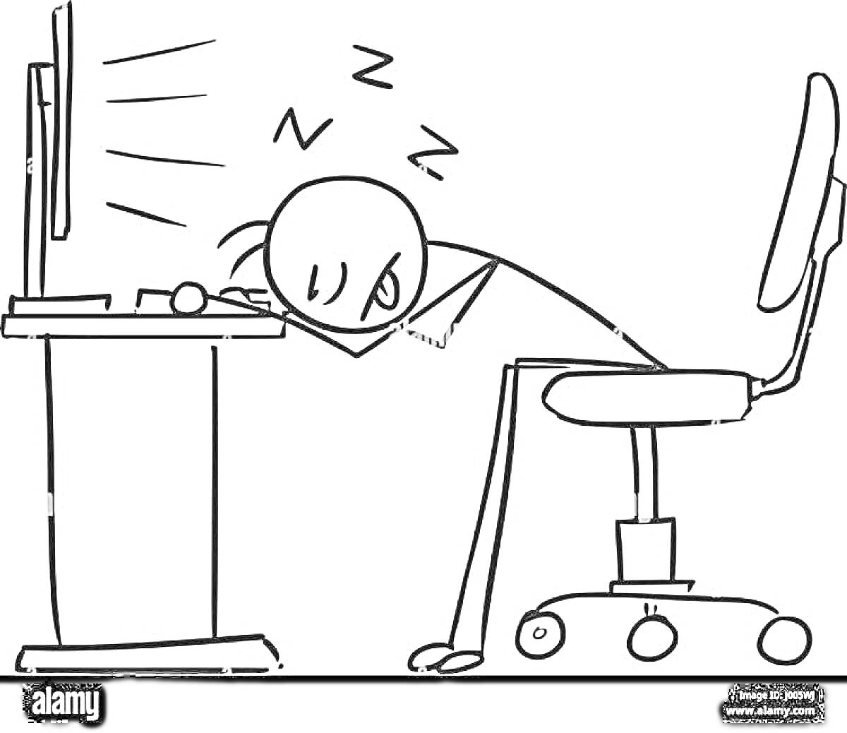 Спящий человек, упирающийся головой в стол перед компьютером