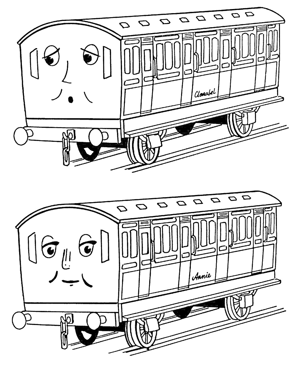 На раскраске изображено: Поезд, Лицо, Рельсы, Колеса, Окна, Дверь, Вагоны, Из мультфильмов