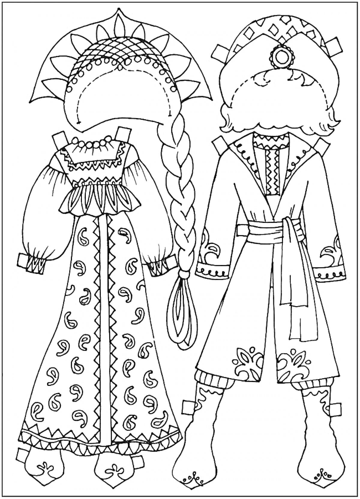 Традиционные русские народные костюмы с кокошником, сарафаном, рубахой и поясом