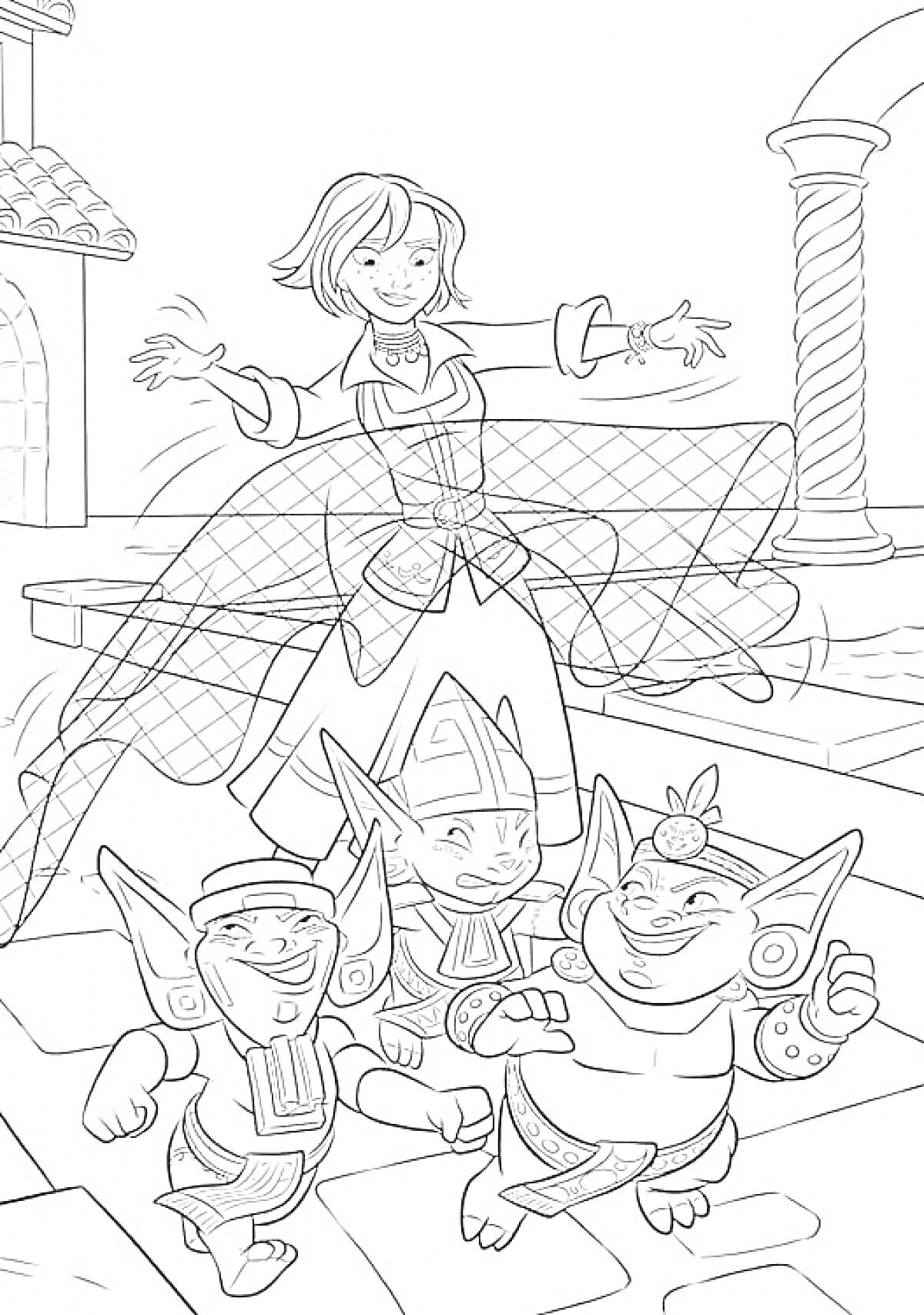 Елена из Авалора с тремя сказочными существами на улице с колонной и крышей на заднем плане