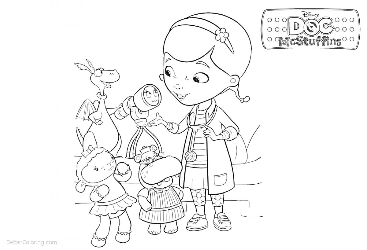 На раскраске изображено: Доктор, Стетоскоп, Плюшевые игрушки, Осмотр, Девочка, Доктор липси, Медик, Медицинский осмотр, Детские персонажи