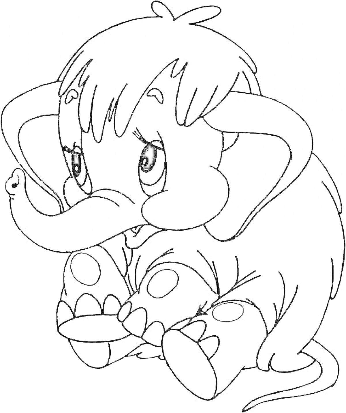 Раскраска малыш мамонт с большими ушами и хоботом, сидящий на полу