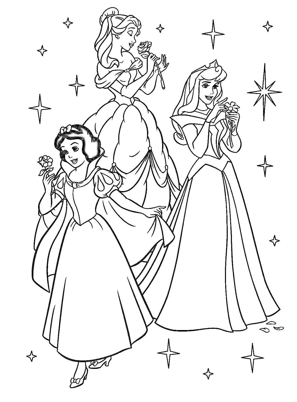 Раскраска Принцессы с цветами и звездами (три принцессы держат цветы, вокруг них звезды)