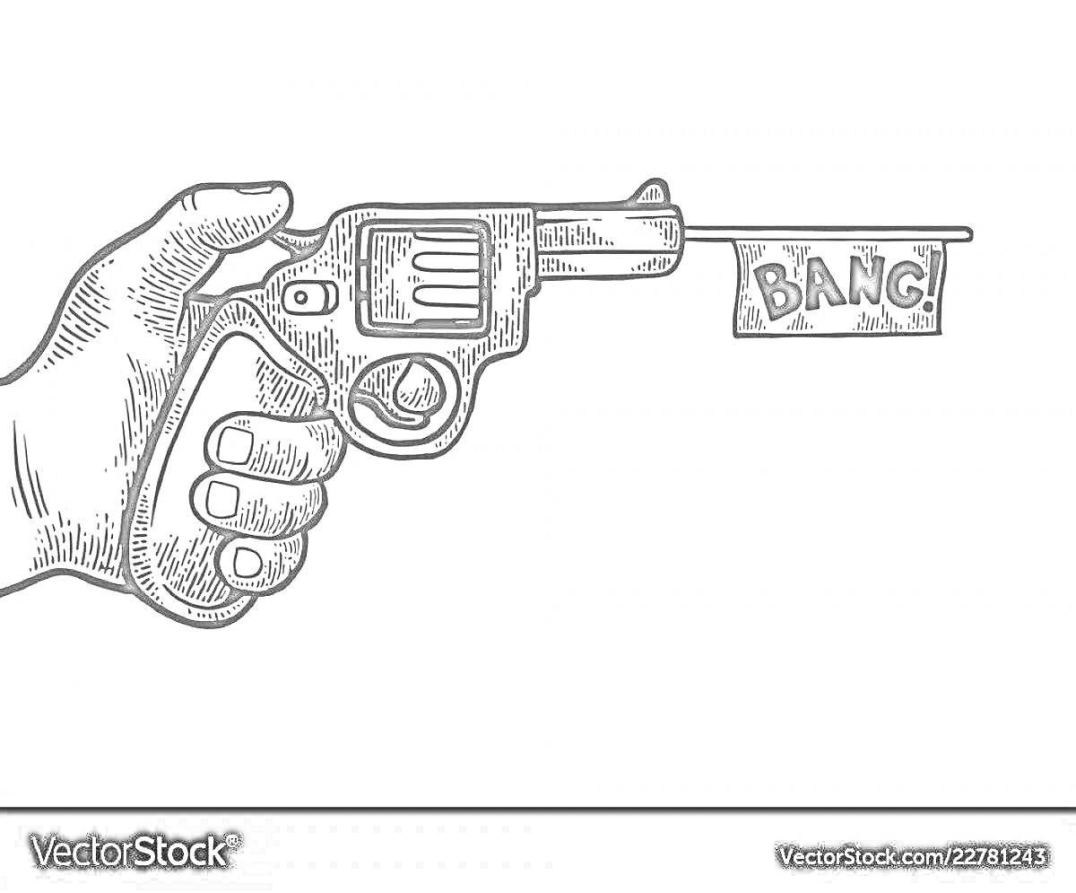 На раскраске изображено: Пистолет, Рука, Флаг, BANG, Оружие, Надпись, Юмор