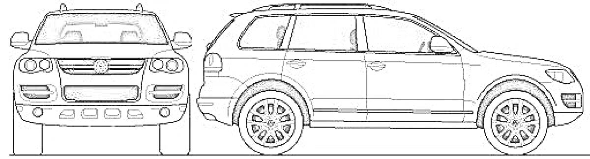 Раскраска Вид спереди и сбоку автомобиля Volkswagen Touareg