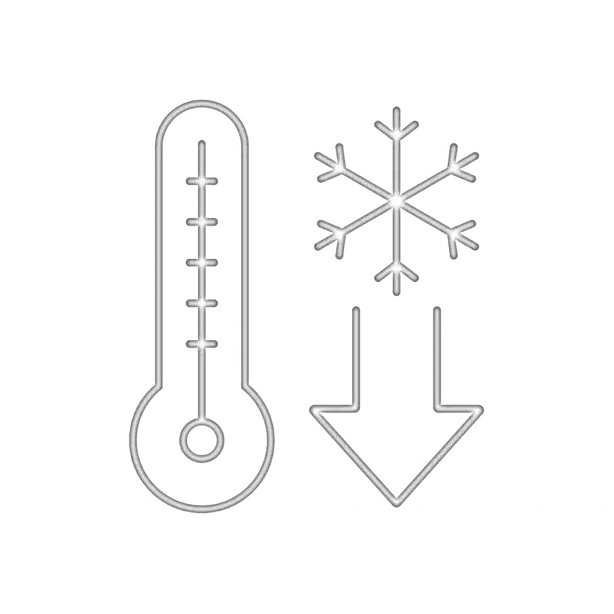 Раскраска Термометр, снежинка и стрелка вниз