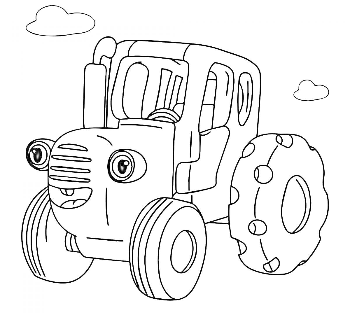 Раскраска Синий трактор с большими глазами и хлебушком на фоне облаков