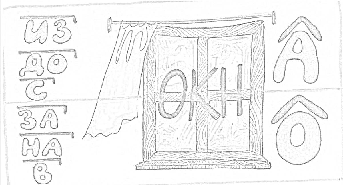 Раскраска наречия на -О и -А с окном и предлогами (из, до, с, за, на, в)