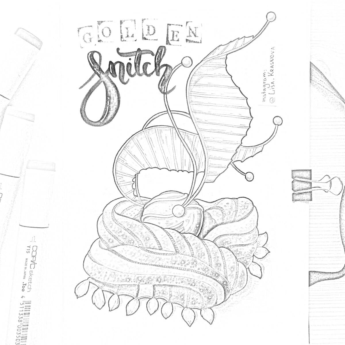 На раскраске изображено: Альбом для скетчинга, Золотой снитч, Подушка, Растительный узор, Маркеры