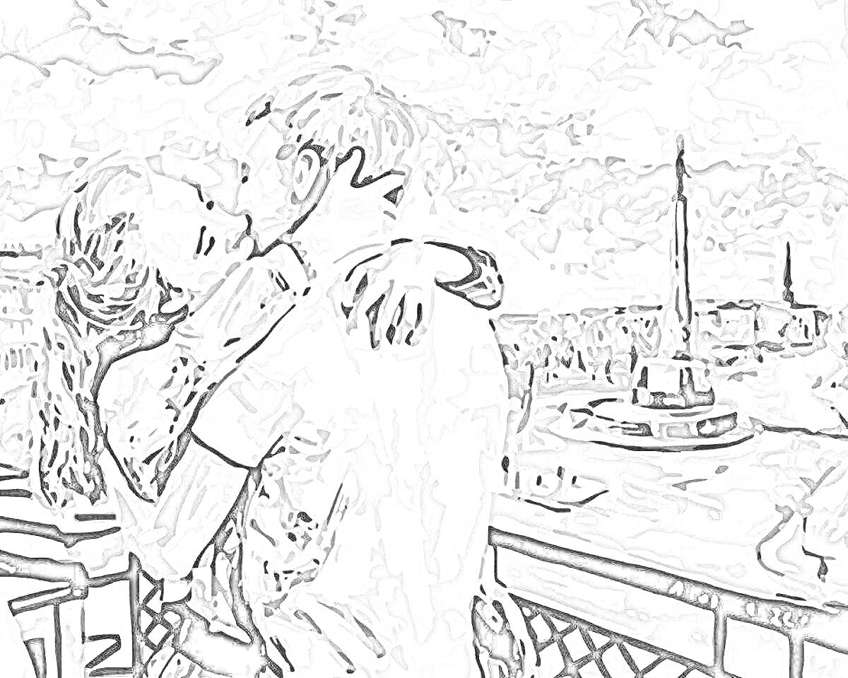 Раскраска Влюбленная пара целуется на фоне городской архитектуры с колонной и мостом