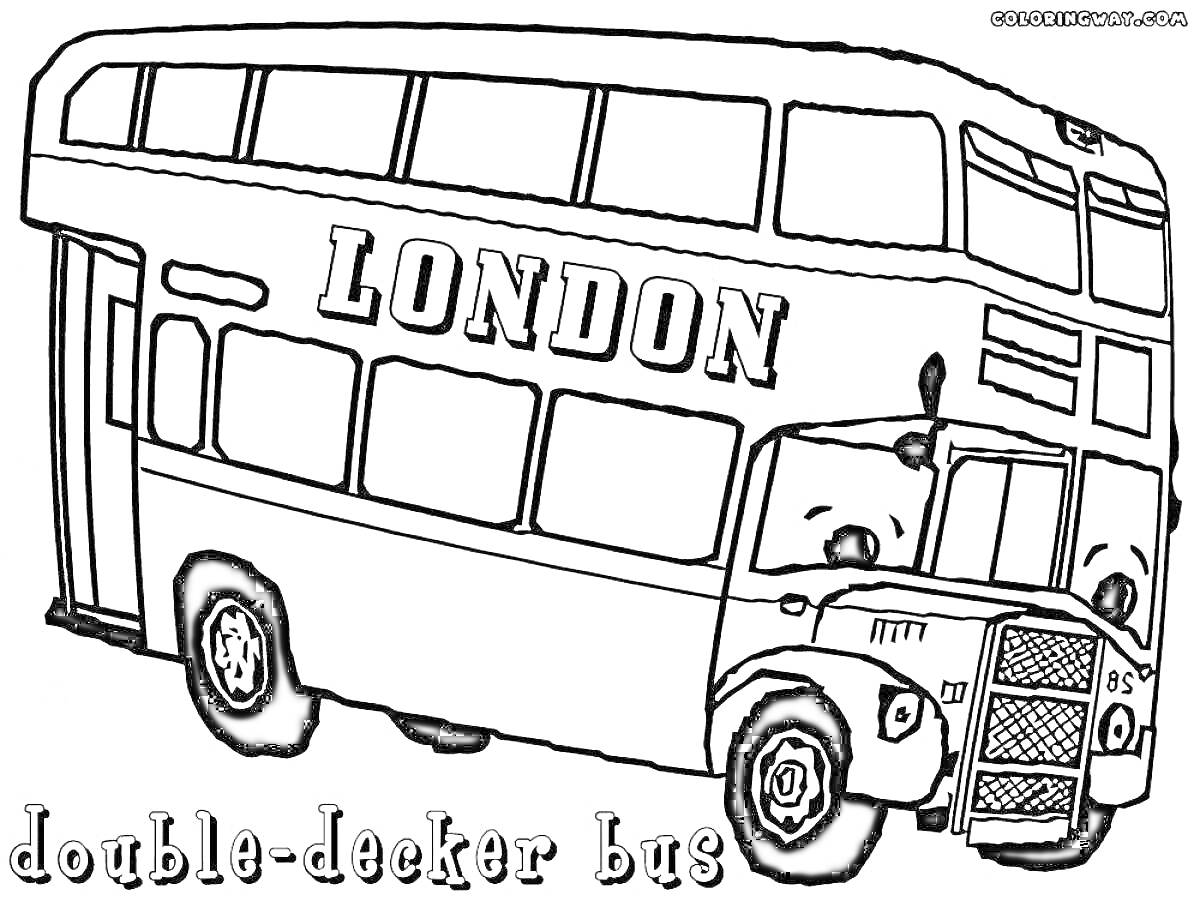 Раскраска Раскраска двухэтажного автобуса с надписью 