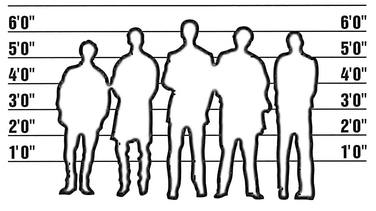 Раскраска Линейка с подозреваемыми, пять фигур людей разного роста на фоне измерительной шкалы