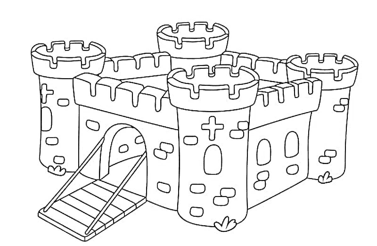 Раскраска Крепость с четырьмя круглыми башнями, подъемный мост у входа, крест на стене, каменная кладка
