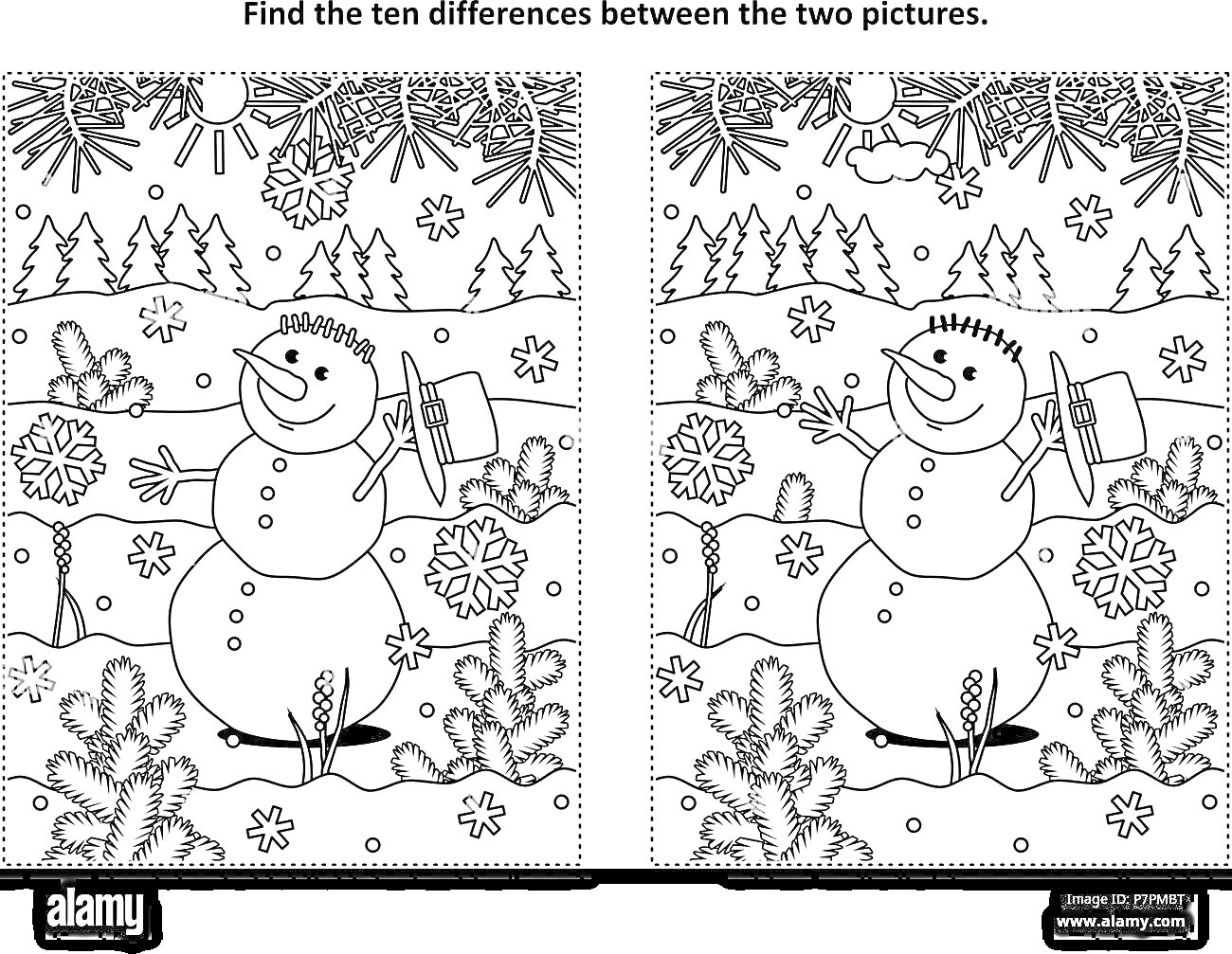 Раскраска найди отличия с изображением снеговика, одной елки, месяца на небе, снежинок, облака, леса, двух пару лыж, одной ёлочной игрушки, трех ветвей снега, снеговика с двумя палками в руках и двух пуговиц