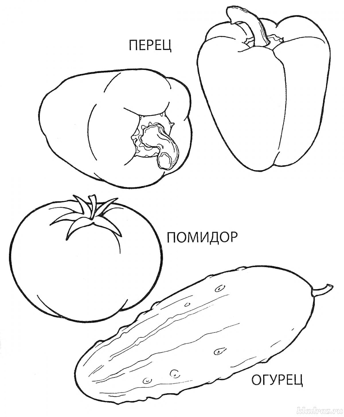 Раскраска Перец, помидор и огурец