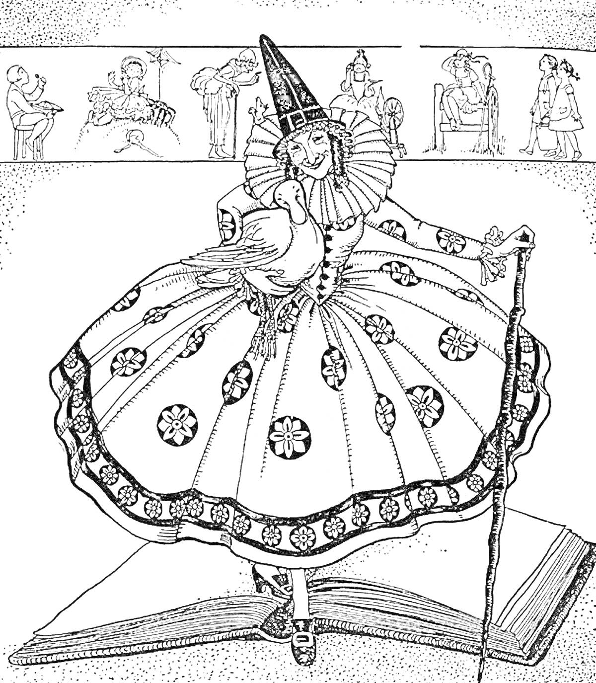 РаскраскаТеатральный костюм ведьмы с пуффом, шляпой и посохом, большая книга