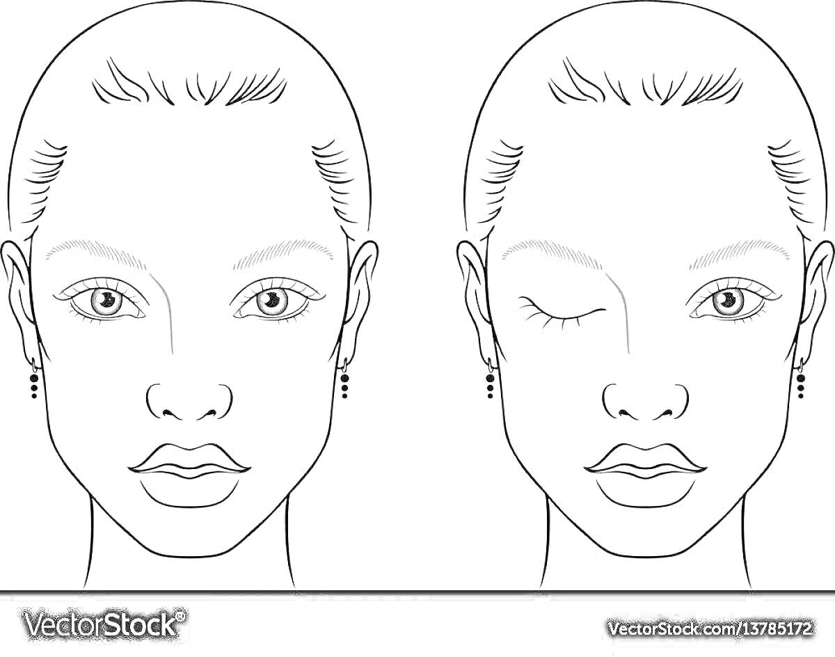 Раскраска Лица девушки для макияжа без волос, один с открытыми глазами, другой с одним глазом закрытым и с серьгами.