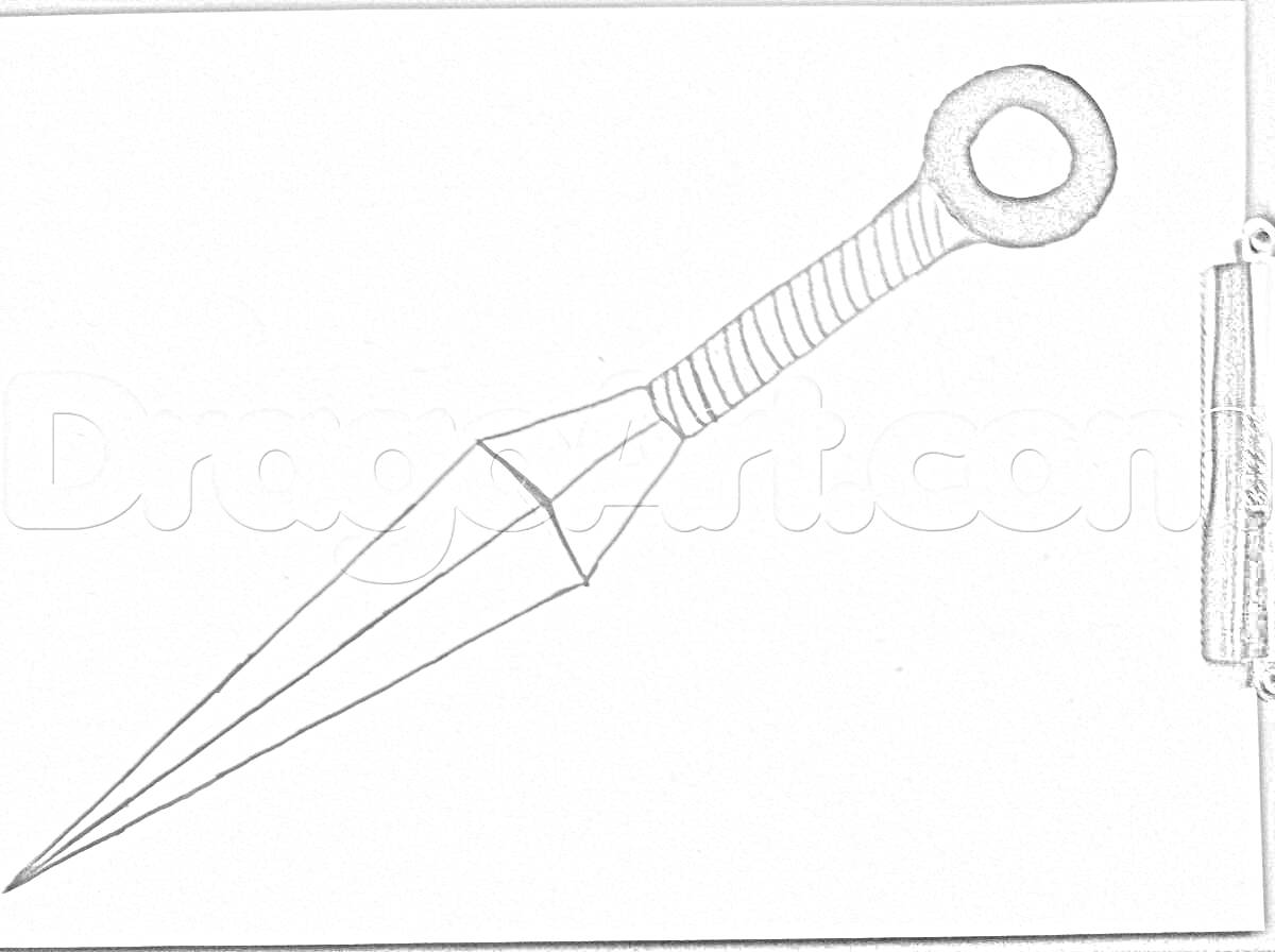 На раскраске изображено: Кунай, Бумага, Ручка, Оружие, Нож