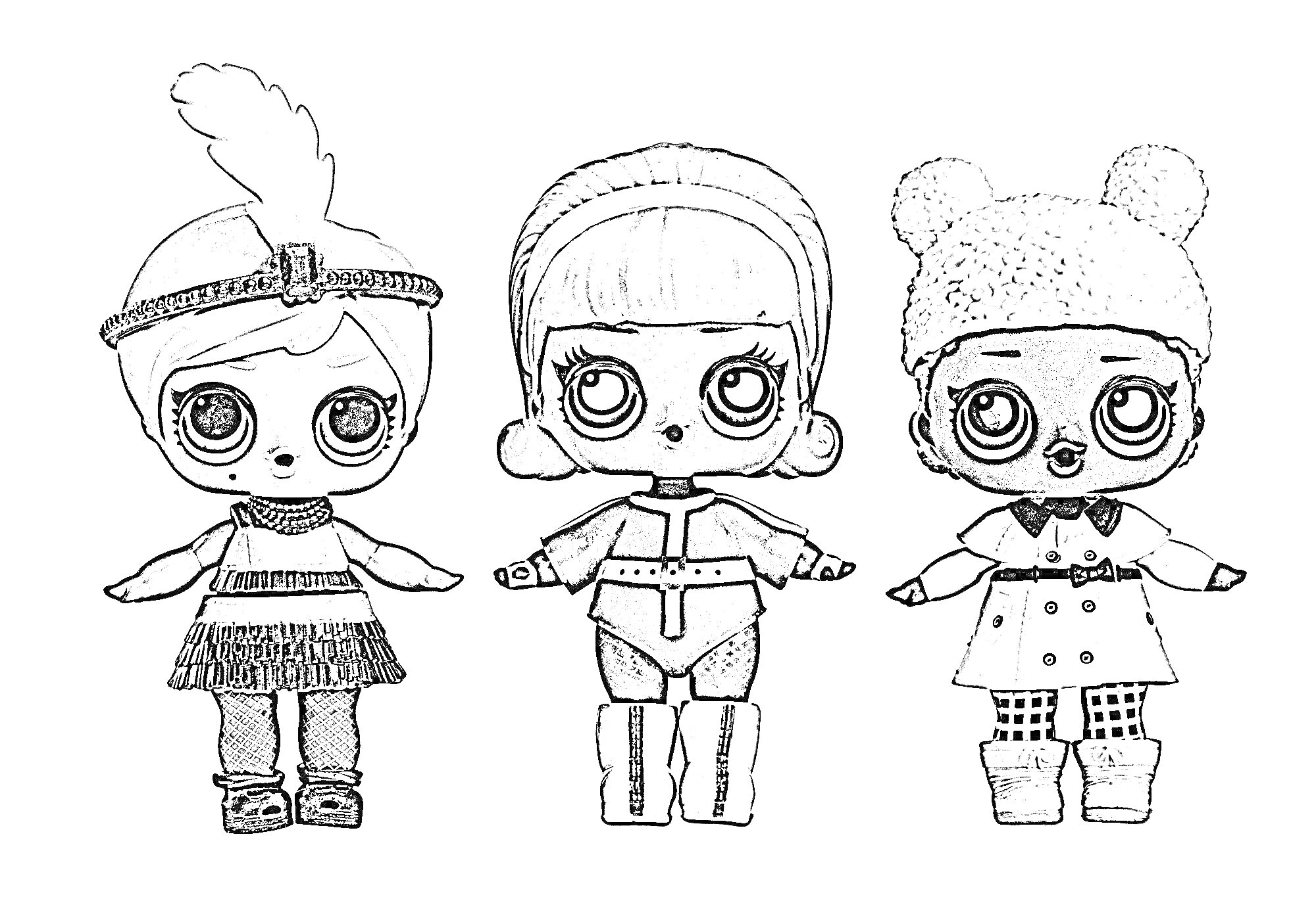 Раскраска Три куклы L.O.L. из зимней серии в теплой одежде: одна с помпоном на ободке, другая в водолазке и ботинках, третья в шапке с помпонами и пальто.