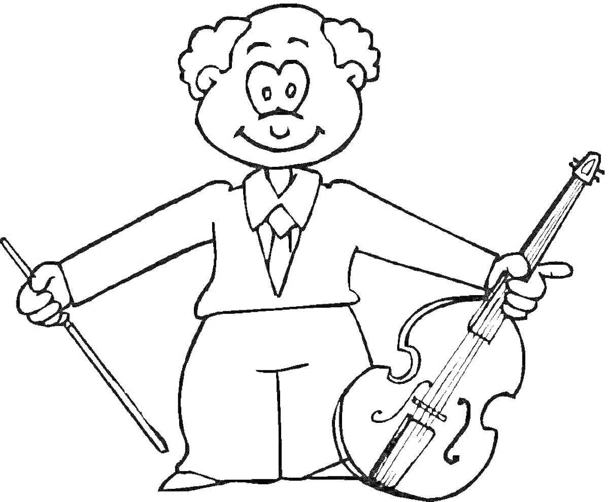 На раскраске изображено: Мужчина, Контрабас, Инструмент, Музыка