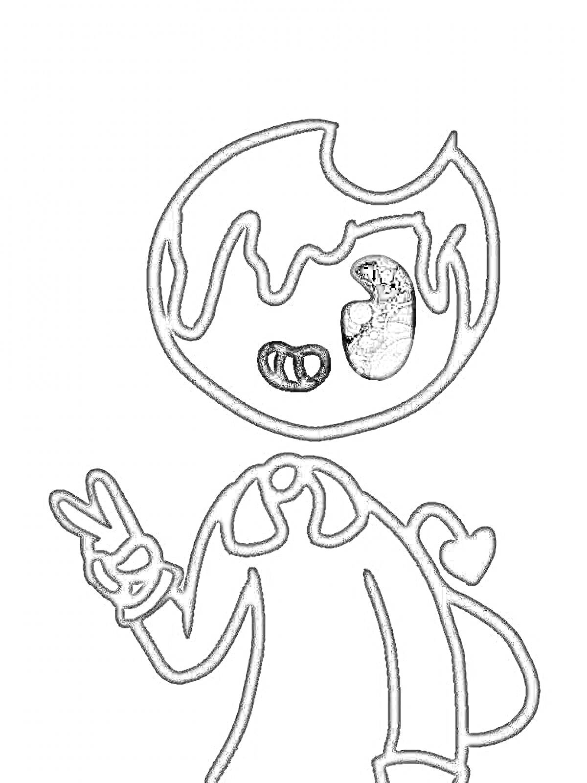 РаскраскаРаскраска с изображением персонажа Bendy, показывающего знак мира, с сердцем на спине