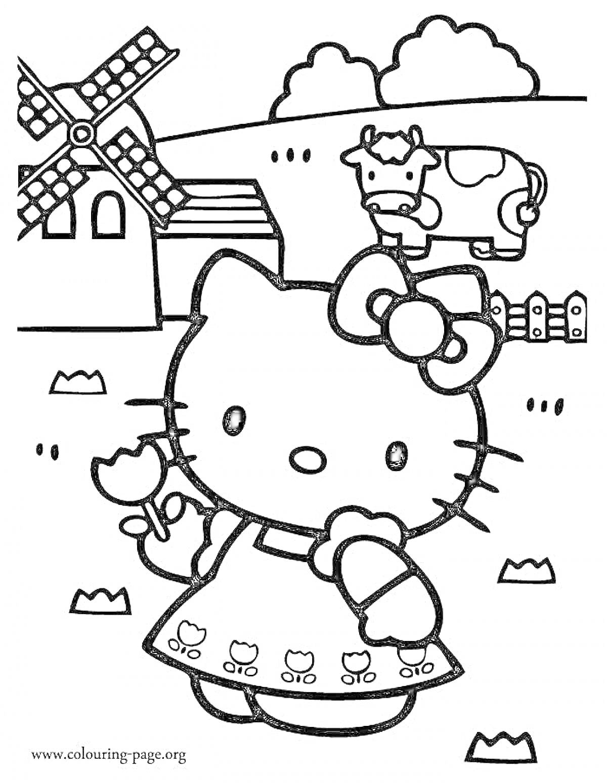 Картинка для раскраски с Хеллоу Китти, стоящей на лугу. В руках Хеллоу Китти держит цветок, она одета в платье с изображением цветков. На заднем плане расположена корова, дом и ветряная мельница.