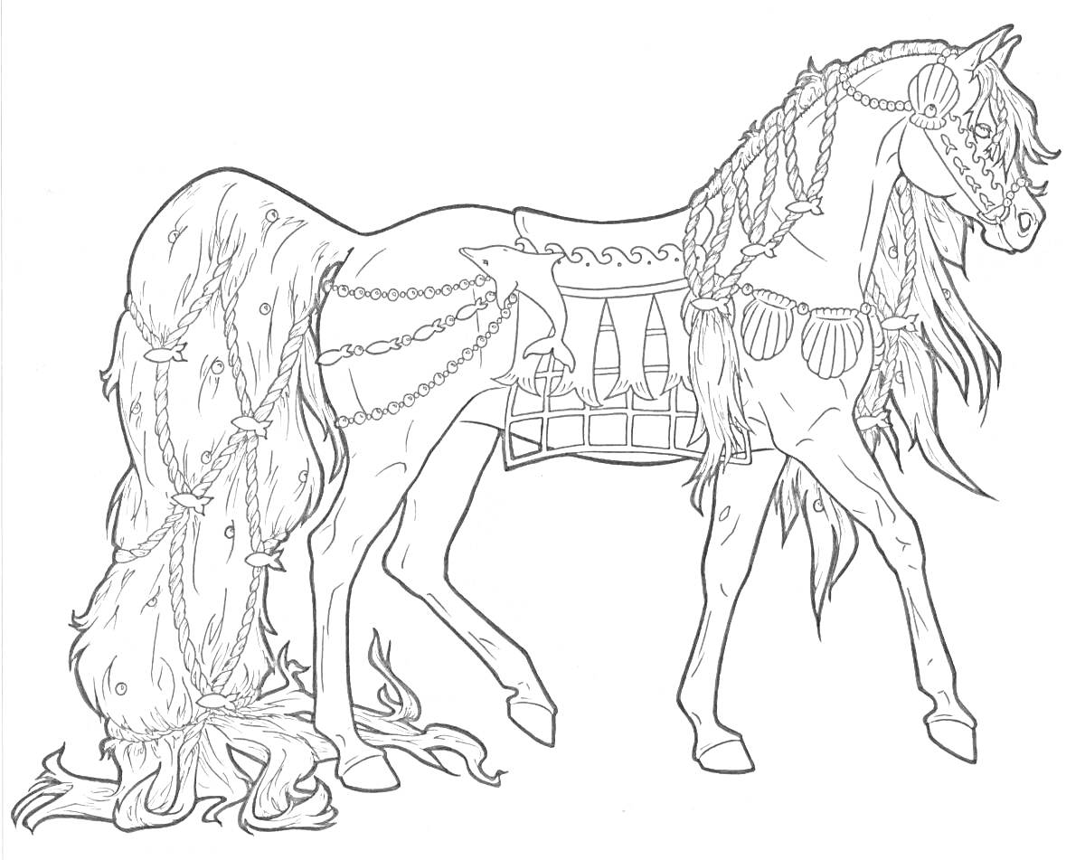 Раскраска Лошадь с украшениями и седлом