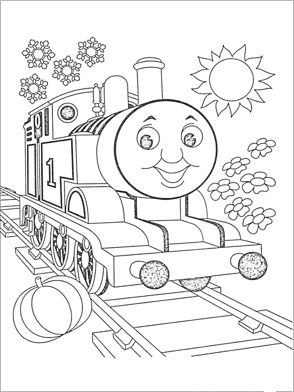 Раскраска Паровозик Томас на железнодорожных путях с кошелем, цветами и солнцем