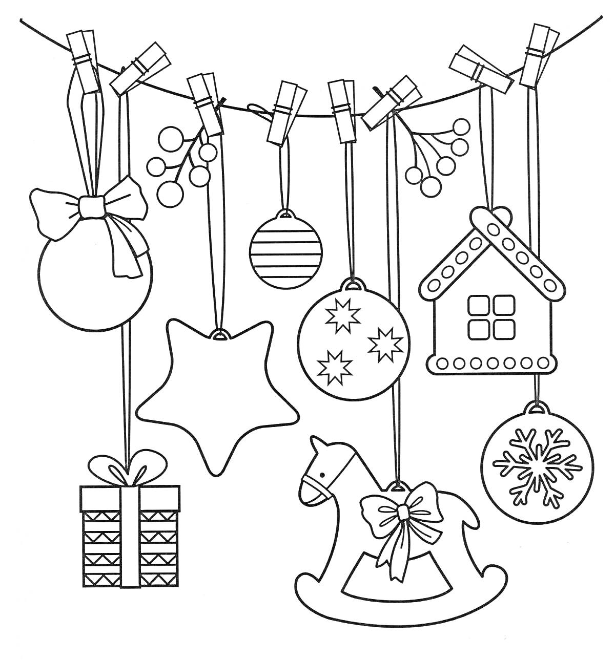 Раскраска Елочные игрушки на веревочке: шары, звезда, домик, подарок, лошадка